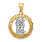 14K and White Rhodium Solid Cut-out St Christopher Medal Round Pendant