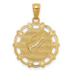 14K and White Rhodium BAPTISM with Praying Hands Scalloped Edge Round Pendant - Image 4
