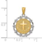 14K and White Rhodium BAPTISM with Cross Scalloped Edge Round Pendant - Image 3