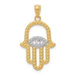 14K and White Rhodium Textured Hamsa and Evil Eye Pendant