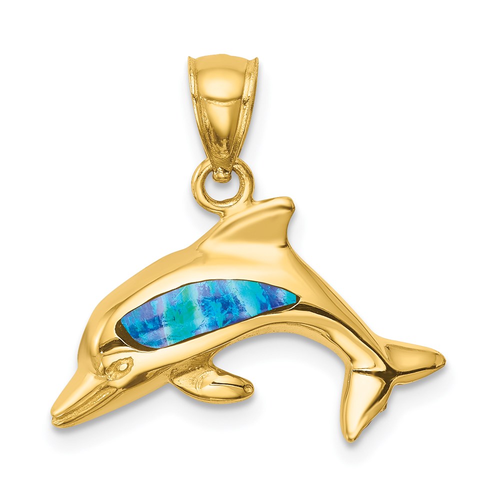 C4596.jpg 14K Lab Created Opal Dolphin Pendant - Image 1