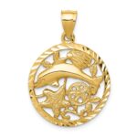14K Diamond-cut Dolphin and Shells Circle Pendant