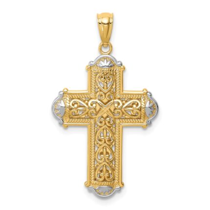 14K and White Rhodium Diamond-cut Reversible Cross Pendant