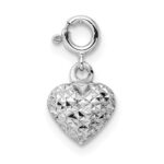 14K White Gold 3-D Puffed Diamond-cut Heart with Spring Ring Clasp Charm