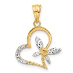 14K and White Rhodium Diamond-cut Dragonfly on Heart Pendant