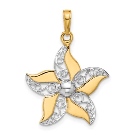 14k and White Rhodium Filigree Flower Pendant