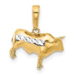14k and White Rhodium Diamond-cut 3-D Bull Pendant