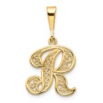 14KY Polished Script Filigree Letter R Initial Pendant