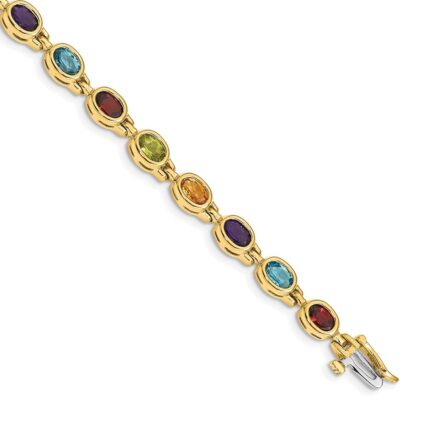 14k Complete Oval Garnet/Peridot/Citrine/Amethyst/Sky Blue Topaz Bezel-set 7 inch Rainbow Bracelet
