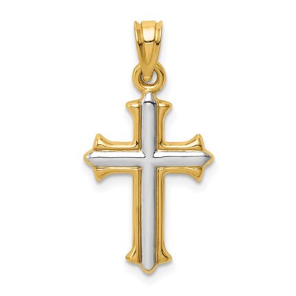 14k and White Rhodium Reversible Hollow Cross Pendant