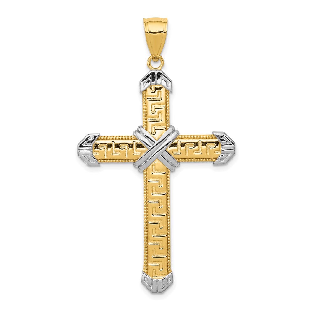 D3564.jpg 14K and White Rhodium Greek Key -X- Center Cross Pendant - Image 1