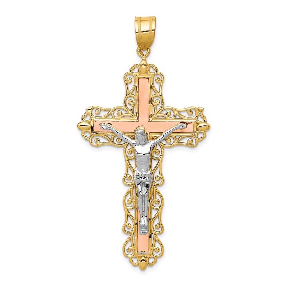 D3647.jpg 14K Tri-color Diamond-cut Filigree Crucifix Pendant - Image 1