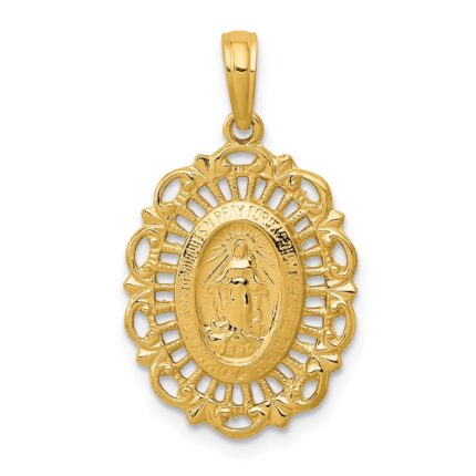 14k Polished and Satin Solid Miraculous Medal Scalloped Edge Oval Pendant