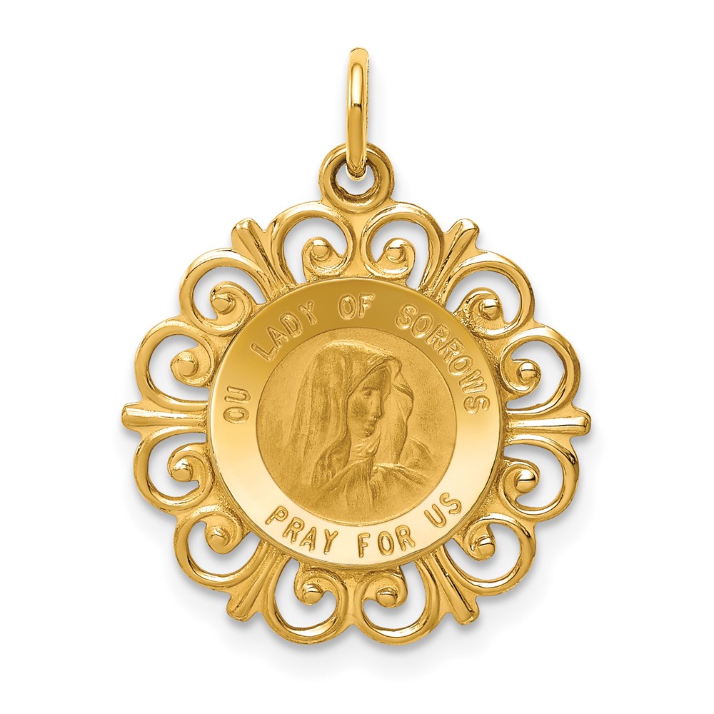 D3760.jpg 14k Polished and Satin Solid Our Lady of Sorrows Medal Scalloped Edge Round Pendant - Image 1