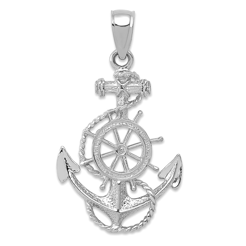 D4163W.jpg 14K White Gold Anchor and Ships Wheel with Rope Pendant - Image 1