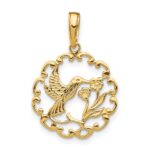 14K Hummingbird with Flower Round Scalloped Frame Pendant