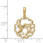 14K Hummingbird with Flower Round Scalloped Frame Pendant - Image 3