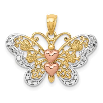 14k Two-tone with White Rhodium Butterfly with Hearts Pendant