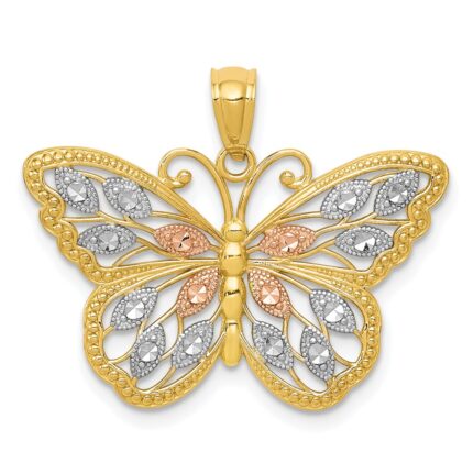 14k with White and Rose Rhodium Diamond-cut Butterfly Pendant