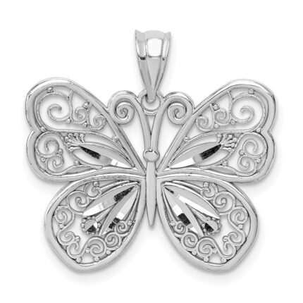 14K White Gold Polished Diamond-cut Butterfly Pendant