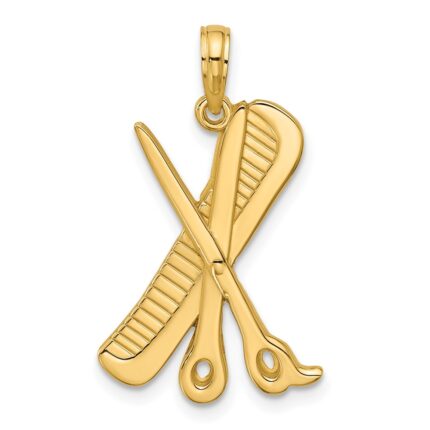 14K Polished Textured Scissor and Comb Pendant