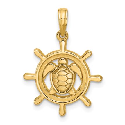 14K Polished Turtle in Ships Wheel Pendant