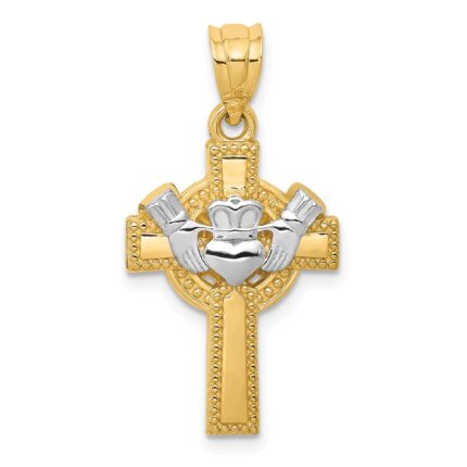 14k and White Rhodium Claddagh Cross Pendant