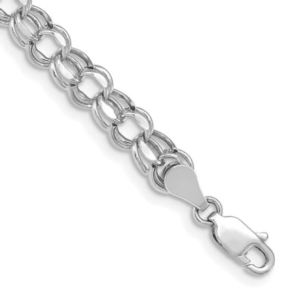 14k White Gold 6mm Hollow Diamond-cut Double Link Charm Bracelet