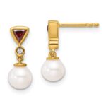 14K White Round Freshwater Cultured Pearl/.02 carat Diamond/Trillion Ruby Dangle Post Earrings
