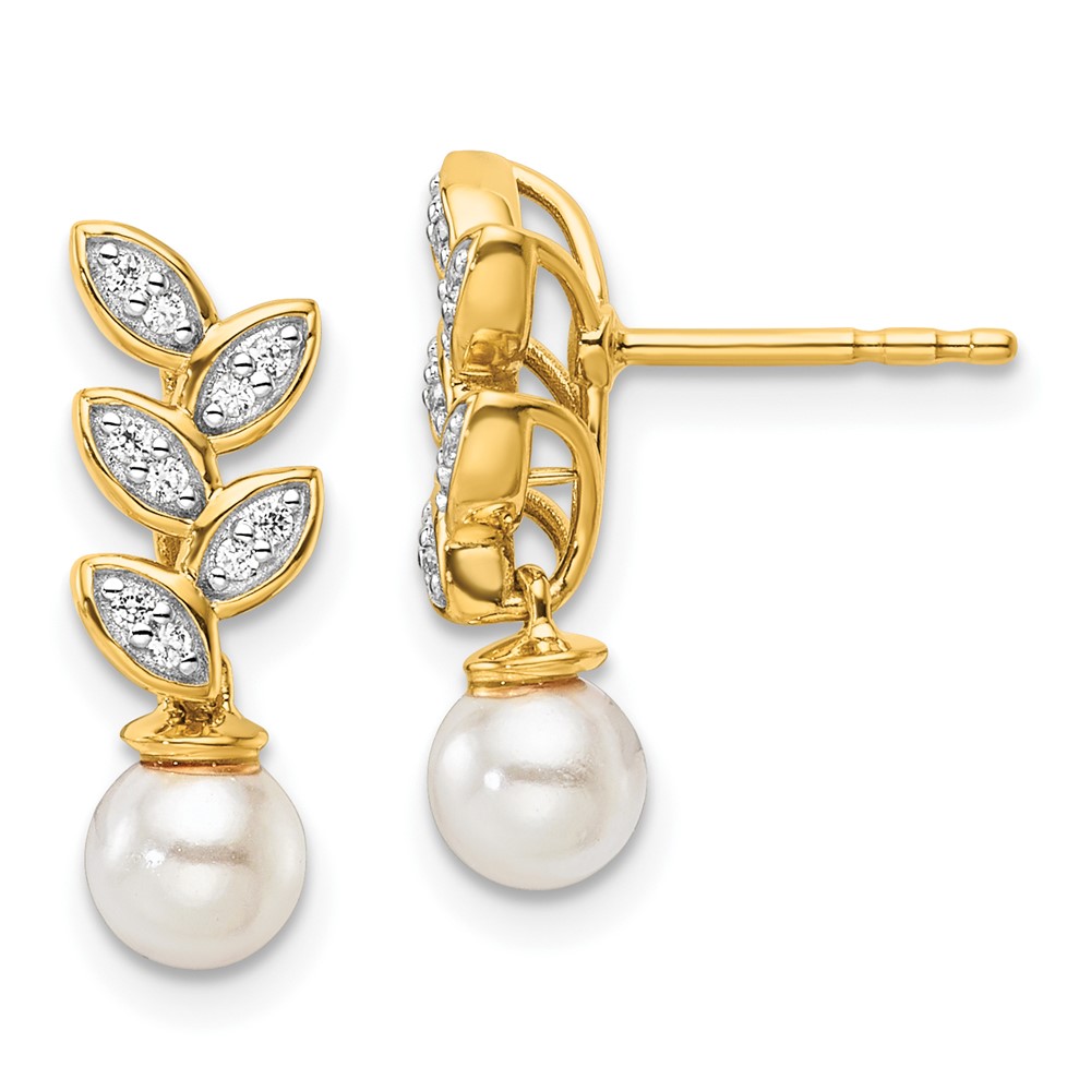 EM10182-010-YAA.jpg 14K Polished 1/10 carat Diamond and White Freshwater Cultured Pearl Leaf Design Dangle Post Earrings - Image 1