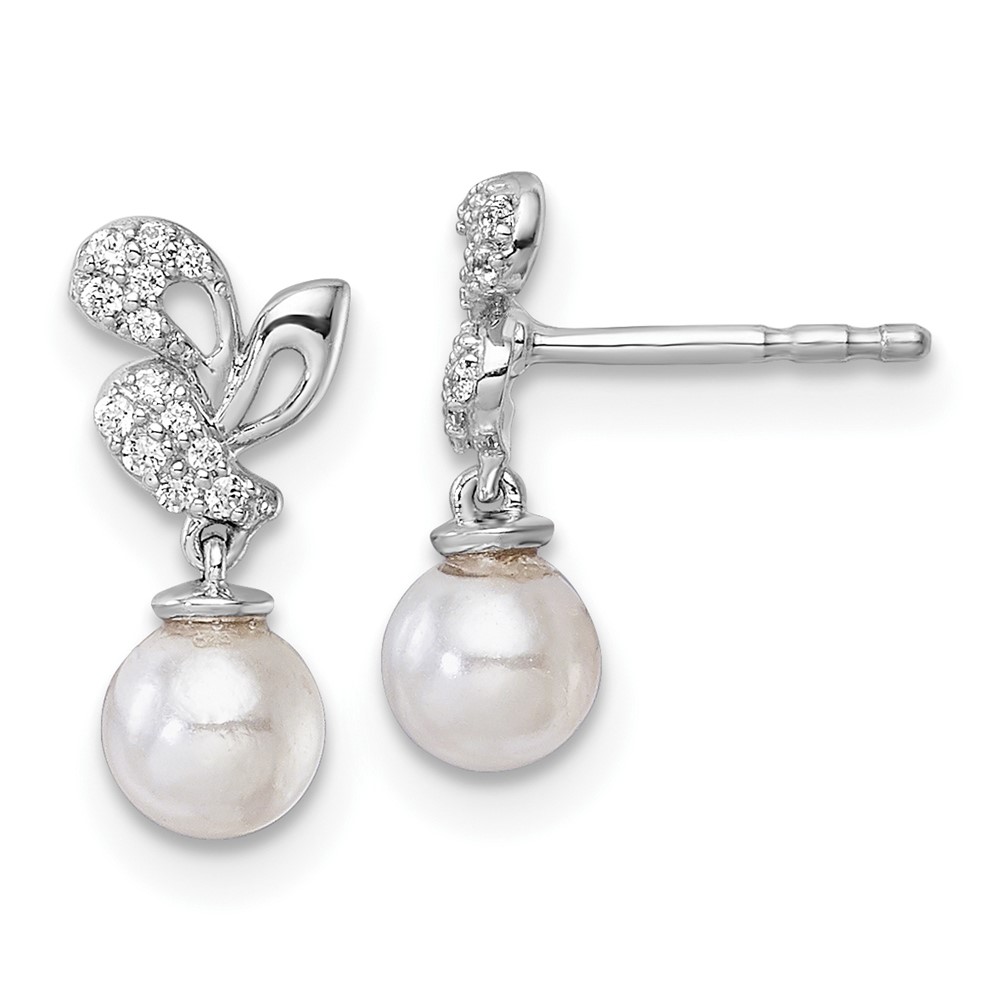 EM10186-010-WAA.jpg 14K White Gold Polished 1/10 carat Diamond and White Freshwater Cultured Pearl Dangle Post Earrings - Image 1