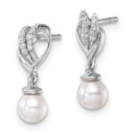 14K White Gold Polished 1/15 carat Diamond and White Freshwater Cultured Pearl Dangle Post Earrings - Image 2