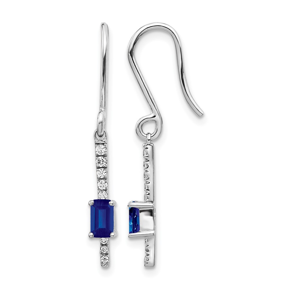 EM3875-SA-014-WA.jpg 14k White Gold 4x3mm Emerald-cut Sapphire and Diamond Dangle Shepherd Hook Earrings - Image 1