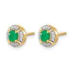 14k 4.1mm Round Emerald and Diamond Halo Post Earrings - Image 2