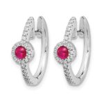 14k White Gold 2.7mm Round Ruby Cabochon and Diamond Hinged Hoop Earrings - Image 2