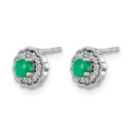 14k White Gold 3mm Round Emerald Cabochon and Diamond Halo Post Earrings - Image 2