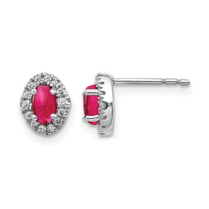 14k White Gold 5x3mm Oval Ruby Cabochon and Diamond Halo Post Earrings