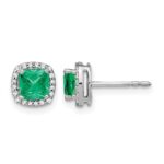 14k White Gold 5mm Cushion Emerald and Diamond Halo Post Earrings
