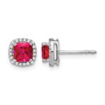14k White Gold 5mm Cushion Ruby and Diamond Halo Post Earrings