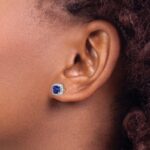 14k White Gold 5mm Cushion Sapphire and Diamond Halo Post Earrings - Image 3