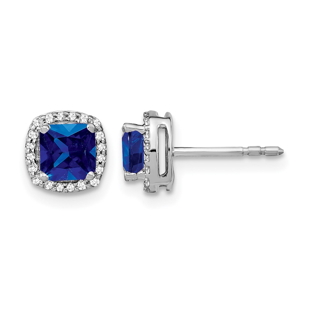 EM4241-SA-015-WA.jpg 14k White Gold 5mm Cushion Sapphire and Diamond Halo Post Earrings - Image 1