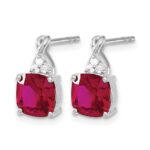 14k White Gold 7mm Cushion Checkerboard July/Lab Created Ruby and Diamond Post Earrings - Image 2