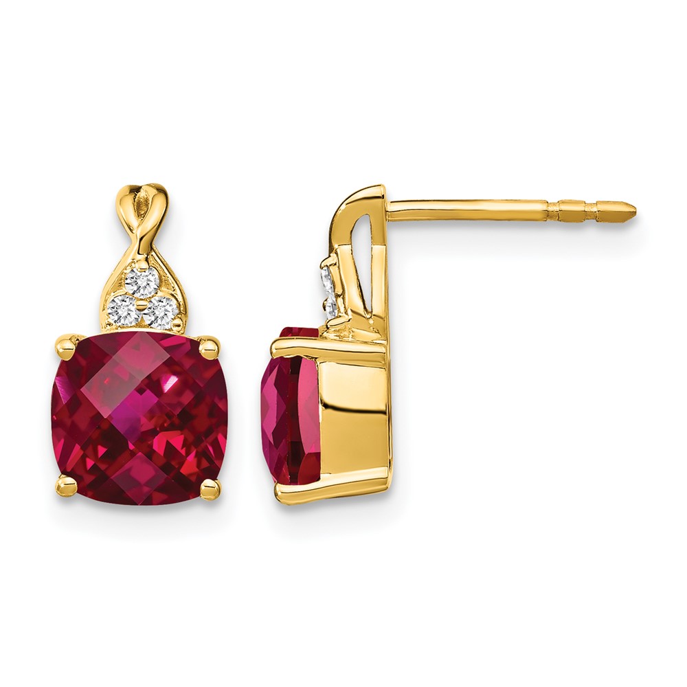 EM4393-CRU-006-YA.jpg 14k 7mm Cushion Checkerboard July/Lab Created Ruby and Diamond Post Earrings - Image 1