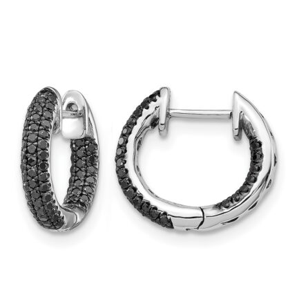 14k White Gold Black Diamond Hinged Hoop Earrings
