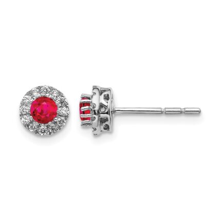 14k White Gold 3.5mm Round Blue Ruby and Diamond Halo Post Earrings