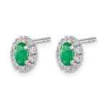 14k White Gold 5x3mm Oval Emerald and Diamond Halo Post Earrings - Image 2