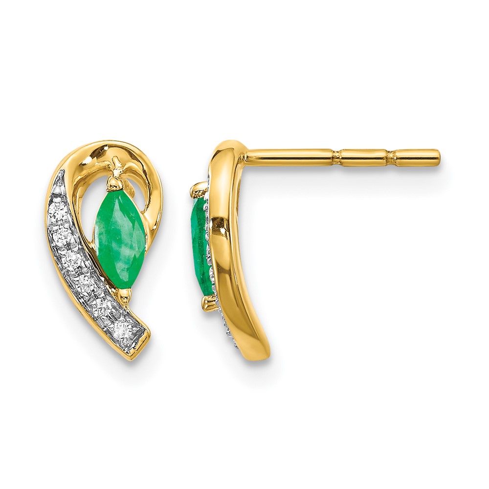 EM5592-EM-005-YA.jpg 14k 5x2.5mm Marquise Emerald and Diamond Curved Post Earrings - Image 1