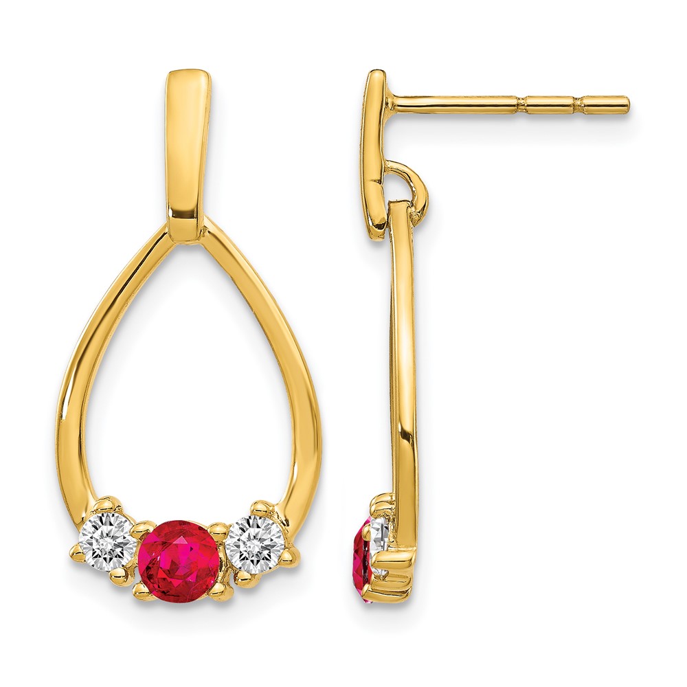 EM5598-RU-Y.jpg 14k 1/4 carat Lab Grown Diamond VS/SI+ G+ and Created Ruby Complete Dangle Teardrop Post Earrings - Image 1
