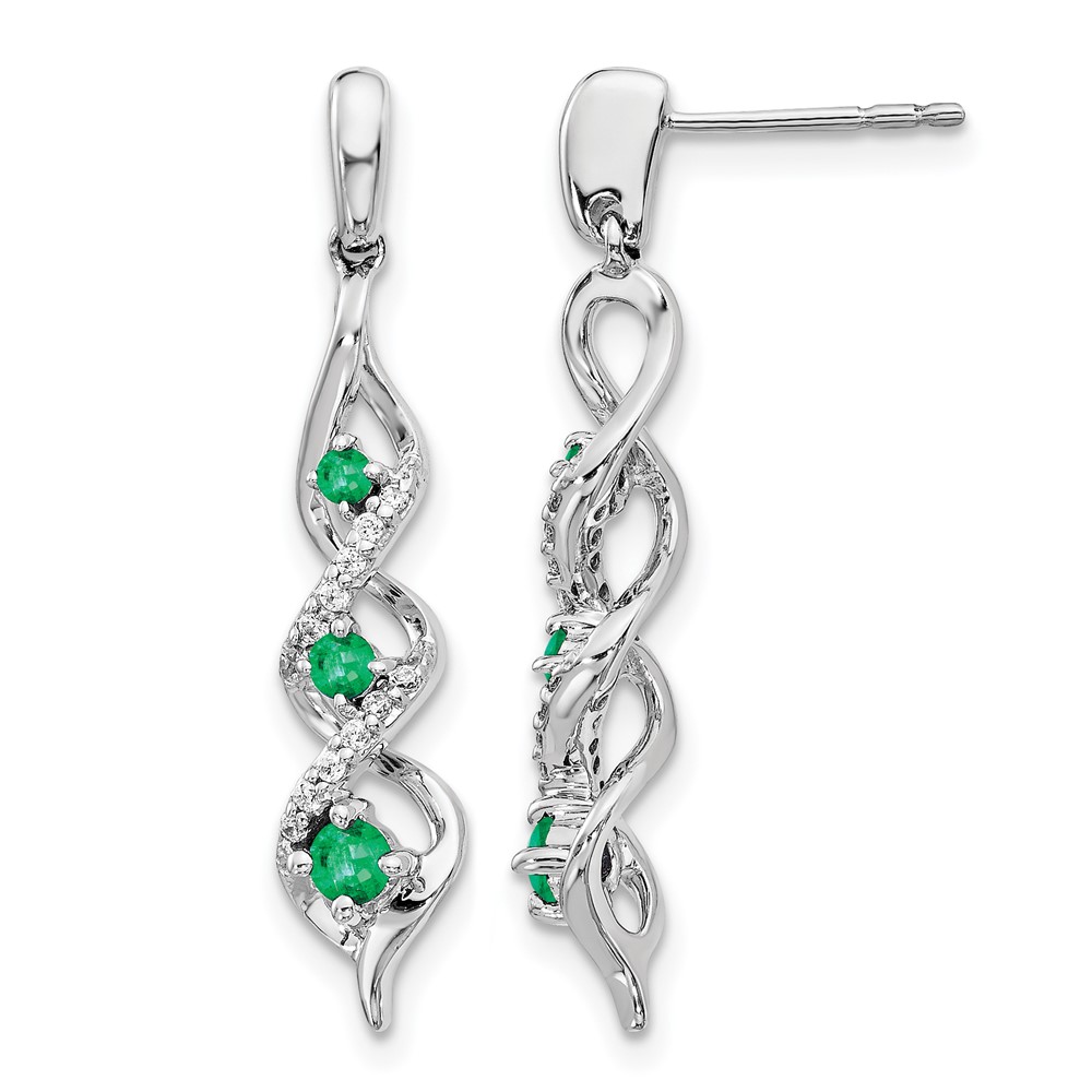 EM5599-EM-013-WA.jpg 14k White Gold Diamond and Emerald Twisted Post Dangle Earrings - Image 1