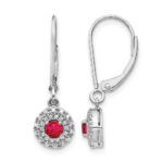 14k White Gold Diamond Halo and Ruby Leverback Dangle Earrings